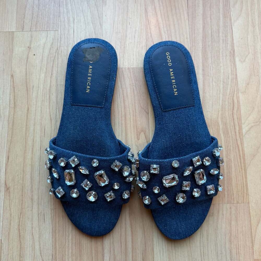 Good American Denim Crystal Embellished Flat Slide Sandals Blue 8.5